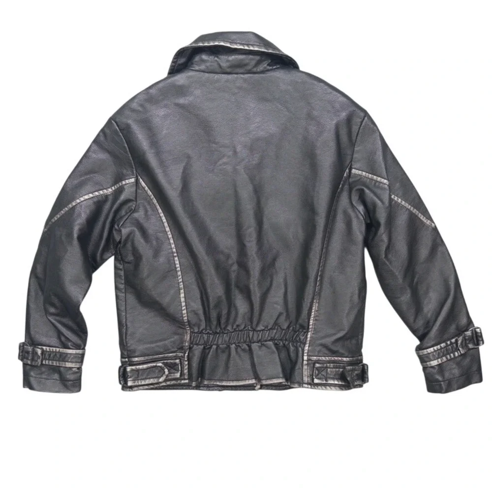 Zara Kids Moto Jacket Kids Size 10 Black Faux Leather Distressed Biker Coat Zip